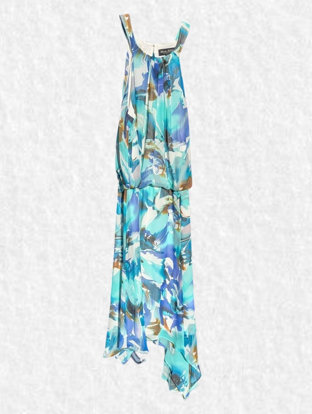 Michel Antoni Size 14: Watercolor Floral Halter Handkerchief Dress: Teal & Blue - Picture 3 of 7